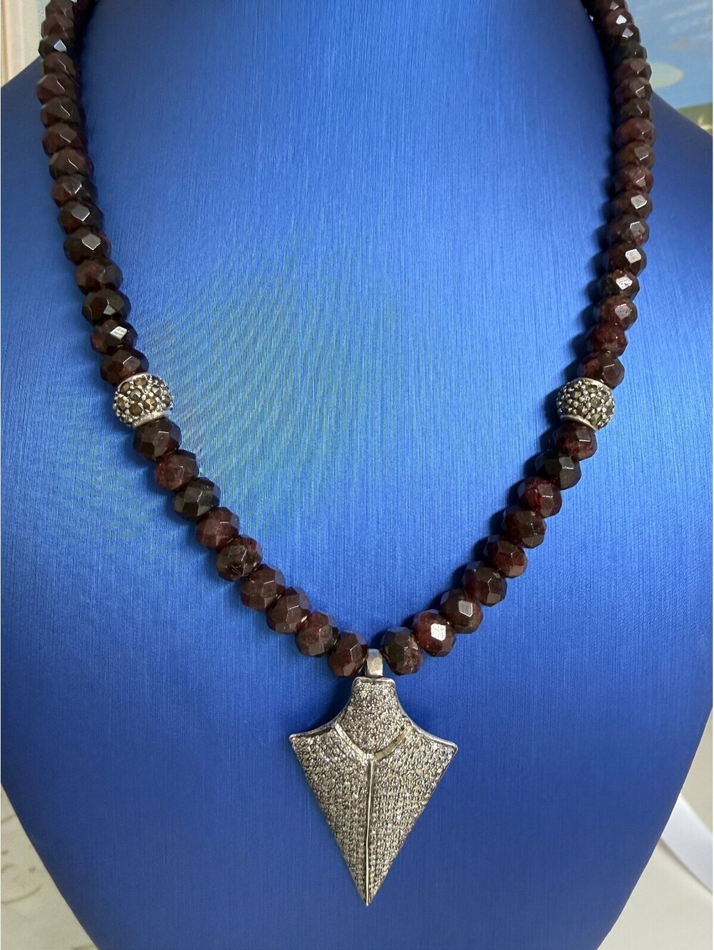 Pavé Diamond Arrowhead Pendent. Garnet and Sterling Necklace. One of a Kind.